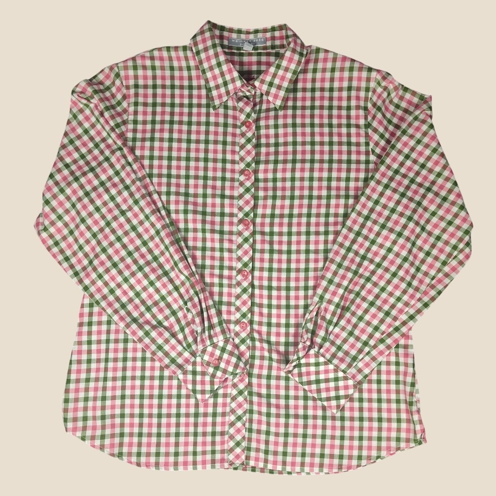 Foxcroft Pink Green Gingham Plaid Wrinkle Free Button Down Shirt Womens 12